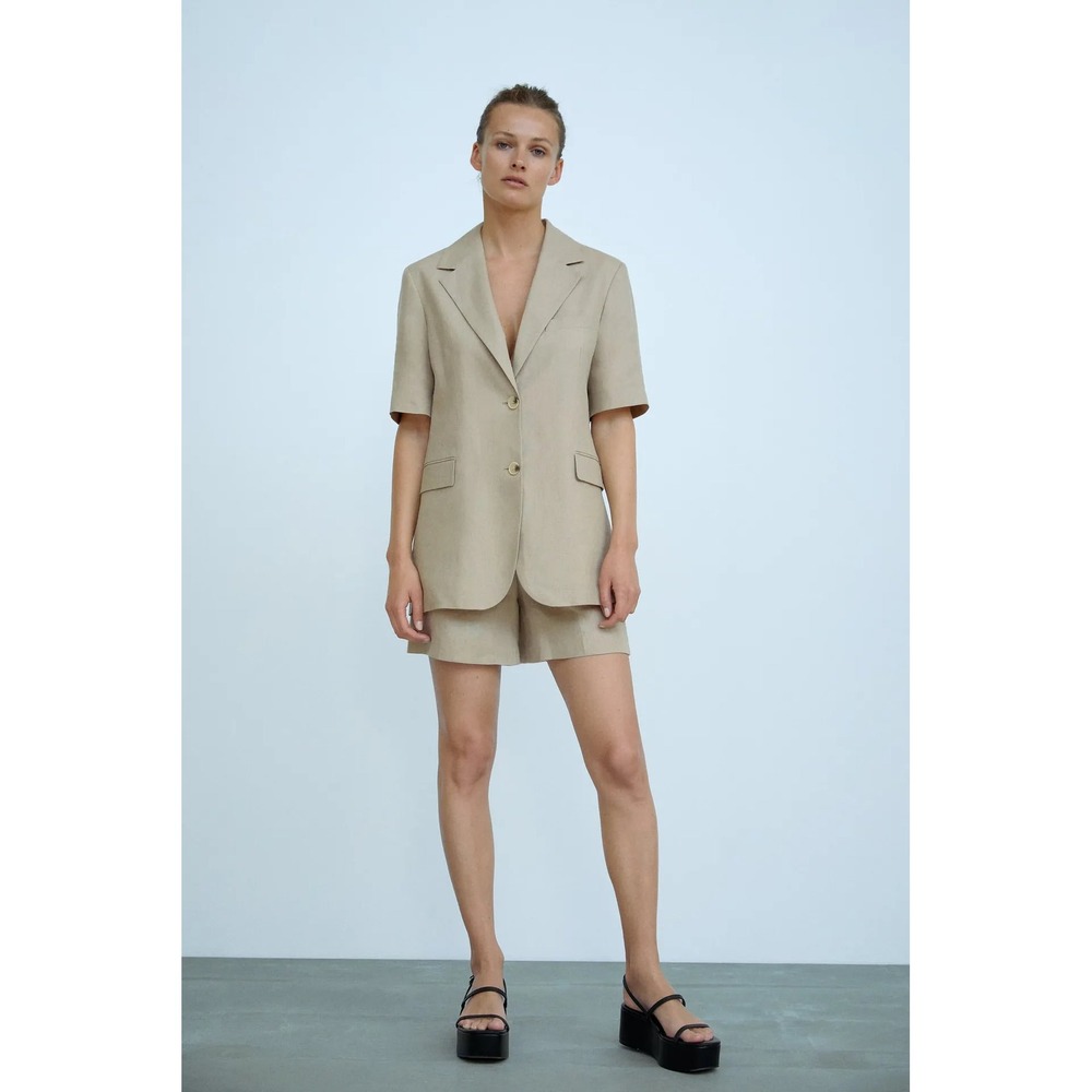 NWT Zara Tan Linen Short Sleeve Blazer Size Large